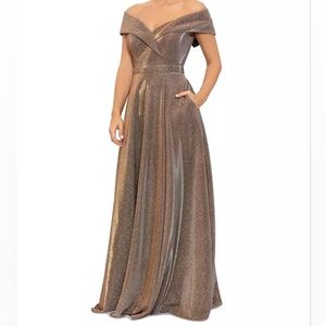 Glitter Fit & Flare Gown Petite Off-the-Shoulder